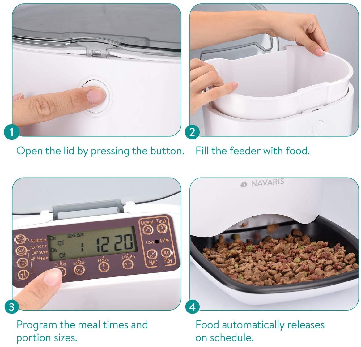 Navaris Automatic Pet Food Dispenser - Αυτόματη Ταΐστρα Φαγητού με Χρονοδιακόπτη για Κατοικίδιο - 6L - White - 44769.05