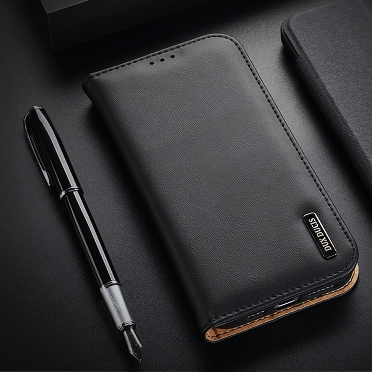 Dux Ducis iPhone 14 Pro Hivo Θήκη Πορτοφόλι Stand από Γνήσιο Δέρμα - Black