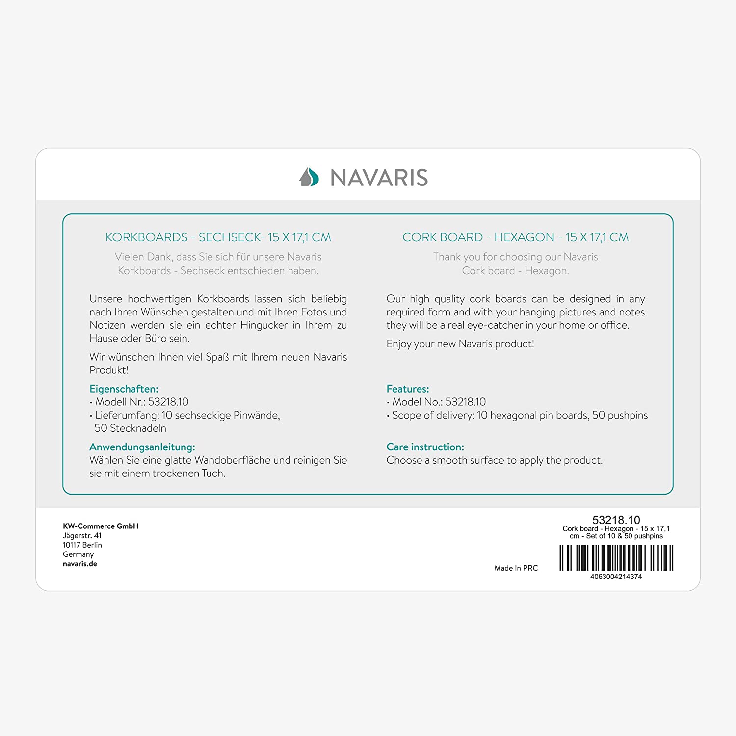 Navaris Cork Pin Board Hexagonal - Σετ με 10 Πίνακες Ανακοινώσεων από Φελλό και 50 Πινέζες - Cork - 53218.10