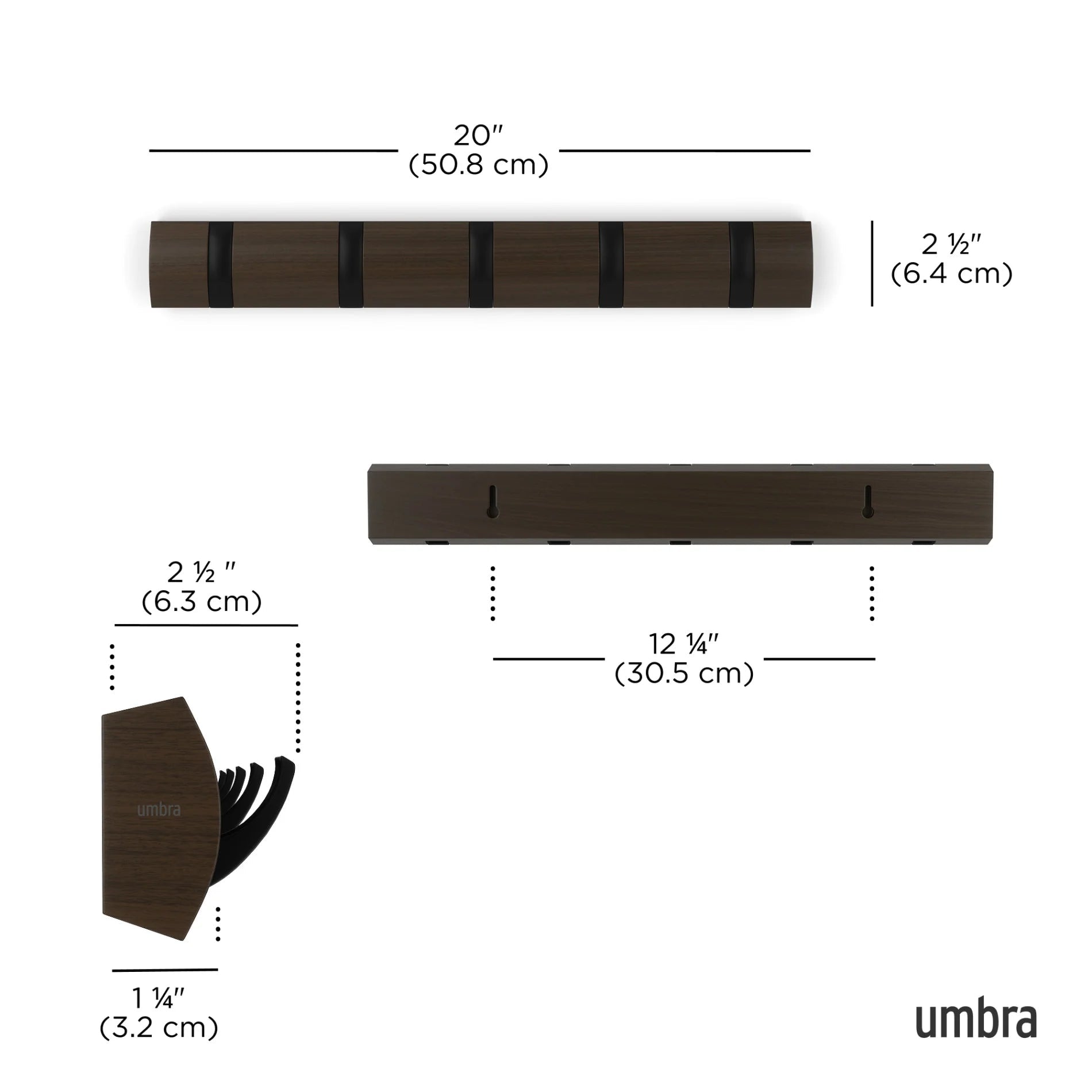 Umbra Επιτοίχια Ξύλινη Κρεμάστρα με 5 Γάντζους - Flip - Walnut / Black