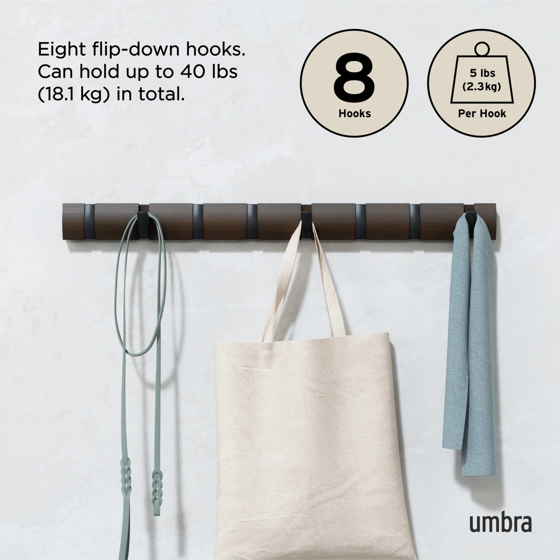 Umbra Επιτοίχια Ξύλινη Κρεμάστρα με 8 Γάντζους - Flip - Walnut / Black