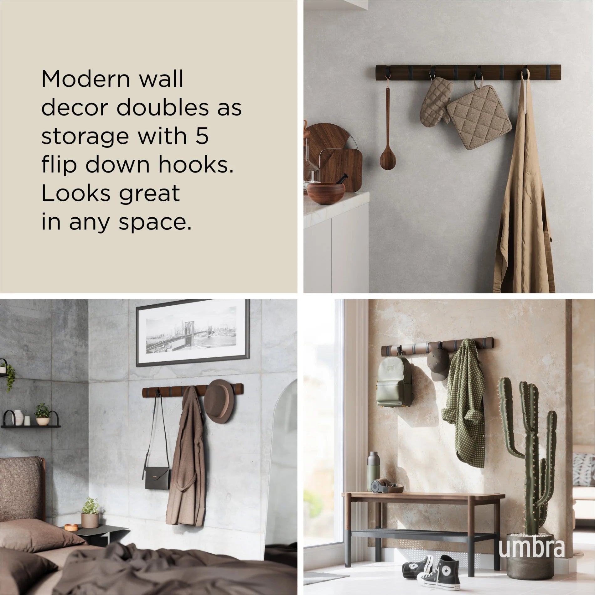 Umbra Επιτοίχια Ξύλινη Κρεμάστρα με 8 Γάντζους - Flip - Walnut / Black