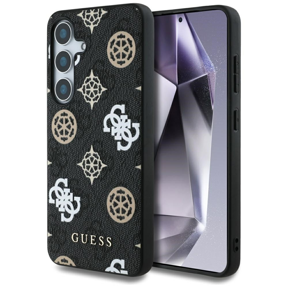 Guess Samsung Galaxy S25 - 4G Printed Colored Peony Pattern - MagSafe Θήκη με Επένδυση Συνθετικού Δέρματος - Black - GUHMS25SP4PWPK