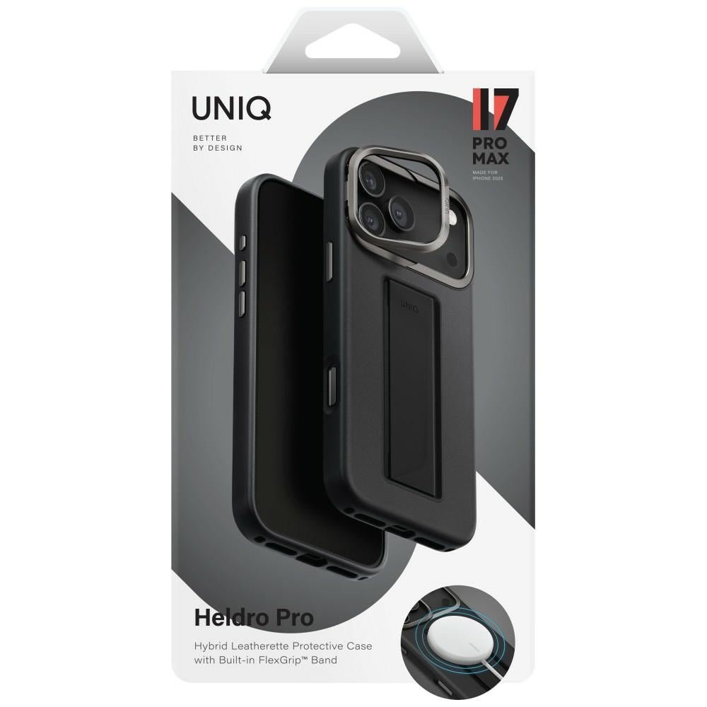 Uniq iPhone 17 Pro Max - Σκληρή Θήκη με Επένδυση Οικολογικού Δέρματος με Eνσωματωμένη Λαβή FlexGrip και Stand - Heldro Pro Magclick - Black