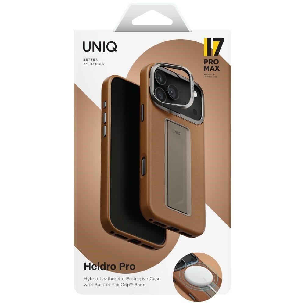 Uniq iPhone 17 Pro Max - Σκληρή Θήκη με Επένδυση Οικολογικού Δέρματος με Eνσωματωμένη Λαβή FlexGrip και Stand - Heldro Pro Magclick - Caramel