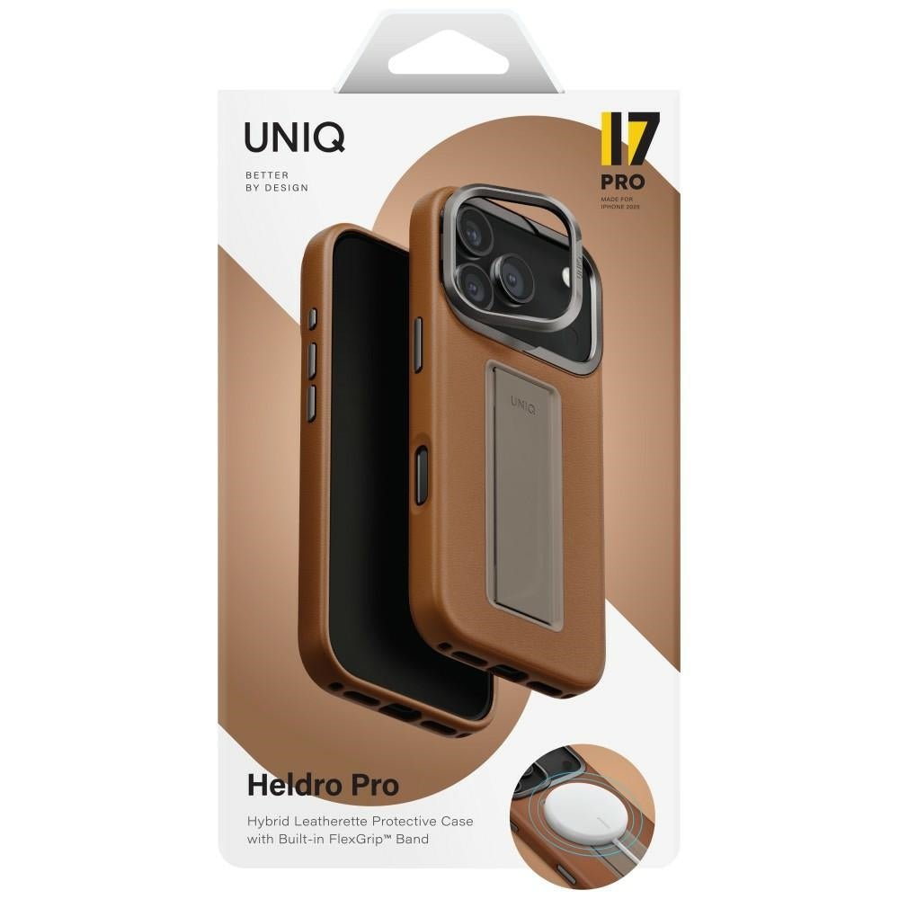 Uniq iPhone 17 Pro - Σκληρή Θήκη με Επένδυση Οικολογικού Δέρματος με Eνσωματωμένη Λαβή FlexGrip και Stand - Heldro Pro Magclick - Caramel