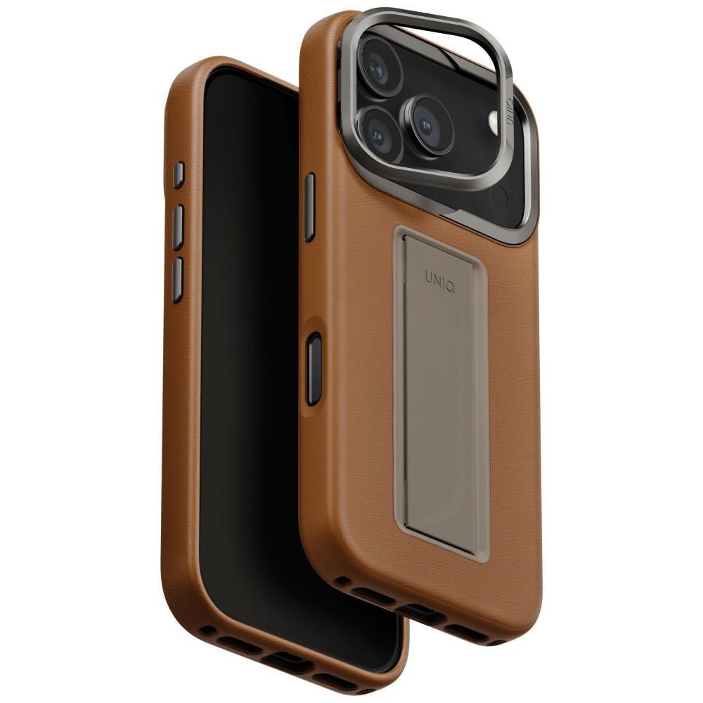 Uniq iPhone 17 Pro - Σκληρή Θήκη με Επένδυση Οικολογικού Δέρματος με Eνσωματωμένη Λαβή FlexGrip και Stand - Heldro Pro Magclick - Caramel