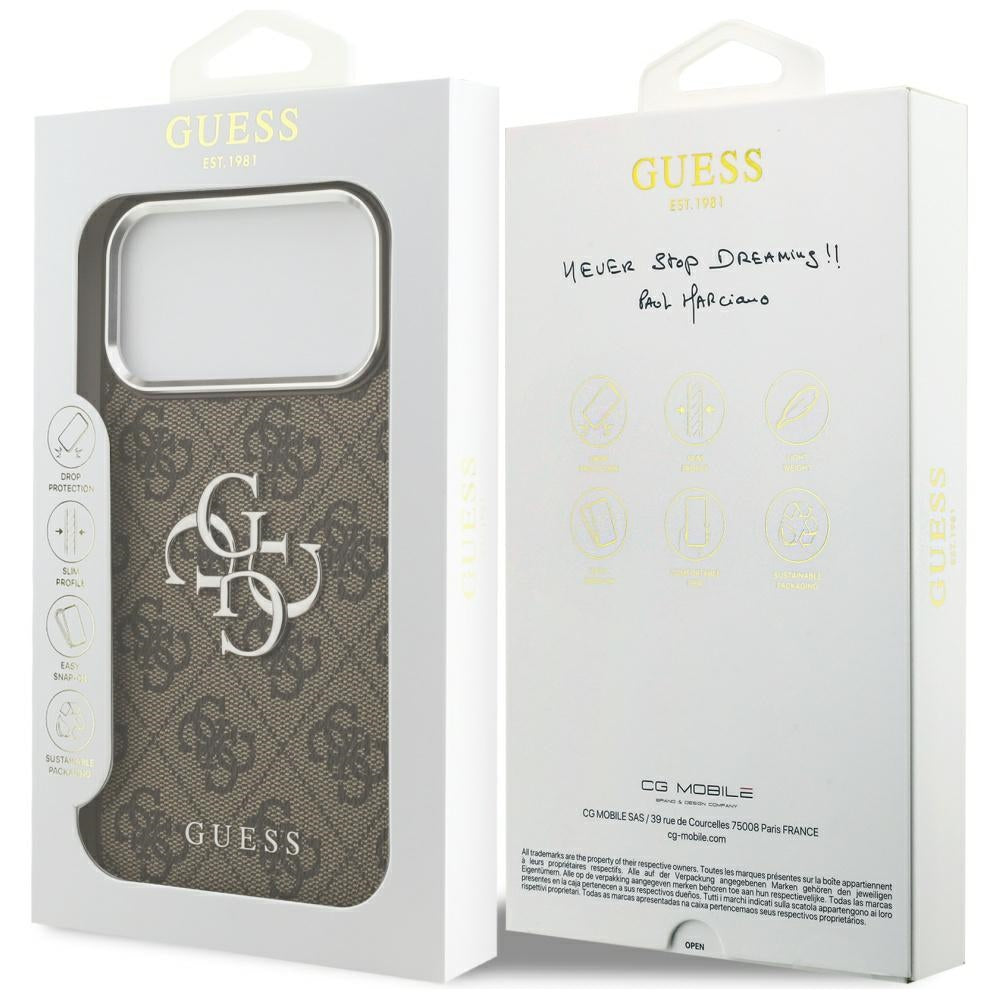 Guess iPhone 17 Pro Max - 4G Big 4G Classic Logo - Σκληρή Θήκη με Πλαίσιο Σιλικόνης και Επένδυση από Οικολογικό Δέρμα - Brown / Silver - GUHCP17XP4G4SMCW