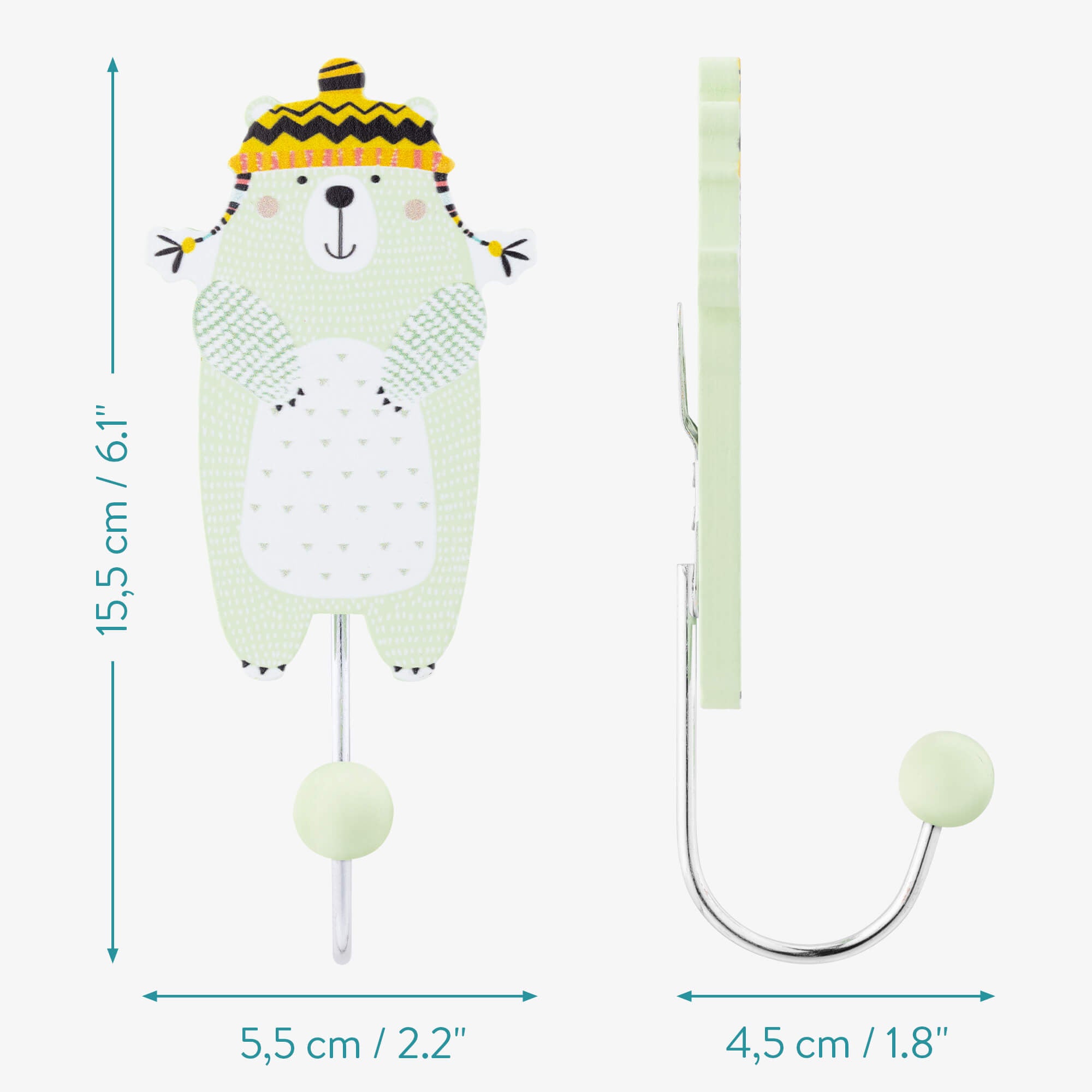 Navaris Σετ με 5 Επιτοίχιες Κρεμάστρες για Παιδικό Δωμάτιο - Design Bear - Green - 57099.01