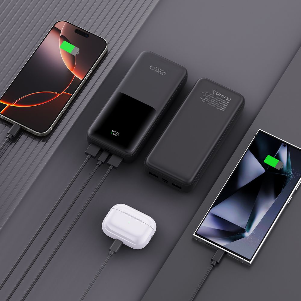 Tech-Protect PB02-22.5W Power Bank 20000mAh με 2 Θύρες USB με 1 Θύρα Type-C και 1 Θύρα Micro-USB - Black - likebrands.gr