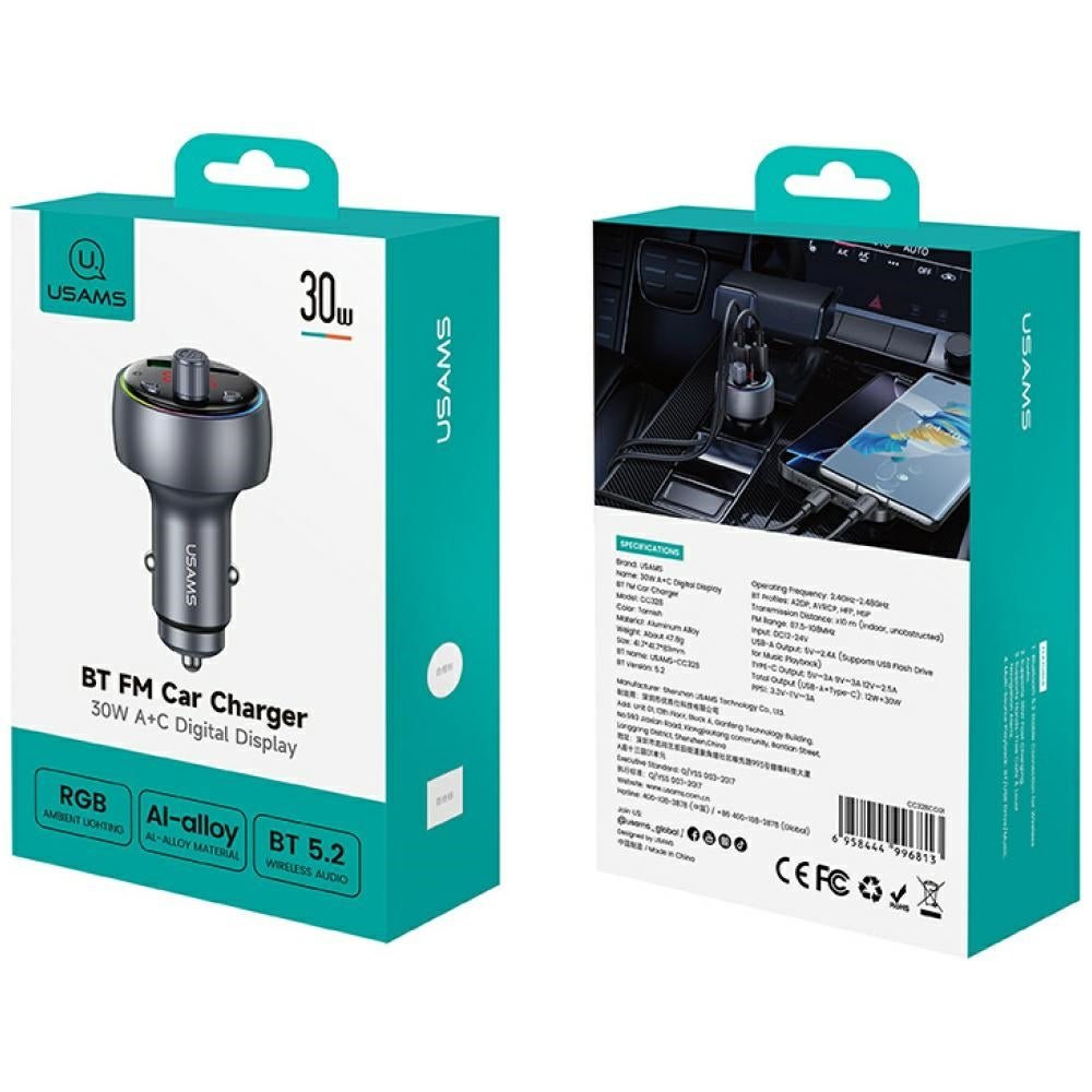 USAMS FM Transmitter με 1 Θύρα USB και 1 Θύρα USB - C για Αναπαραγωγή Μουσικής / Φόρτιση Κινητών στο Αυτοκίνητο - CC328 30W - Tarnish