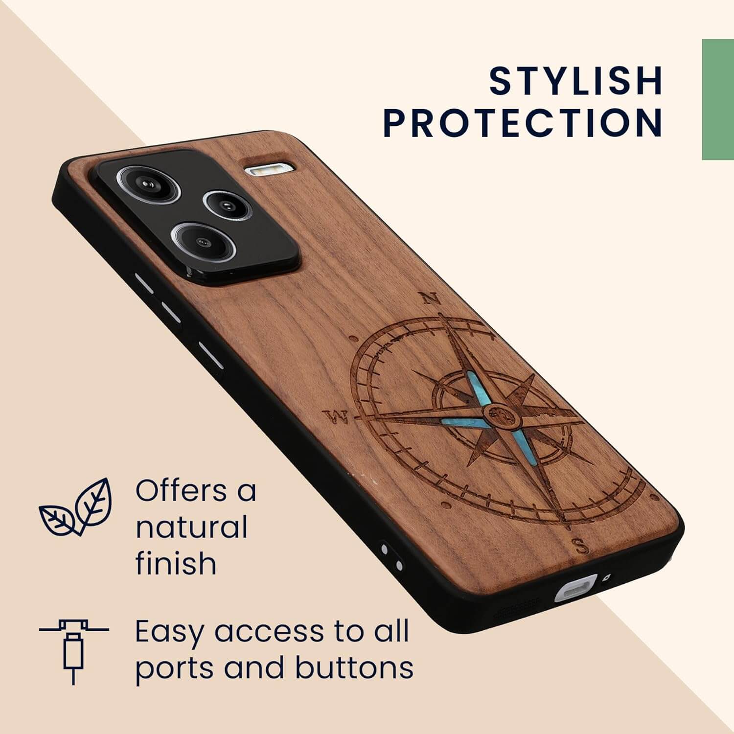 KW Xiaomi Redmi Note 13 Pro+ 5G Θήκη από Φυσικό Ξύλο - Design Navigational Compass - Mother of Pearl - Dark Brown