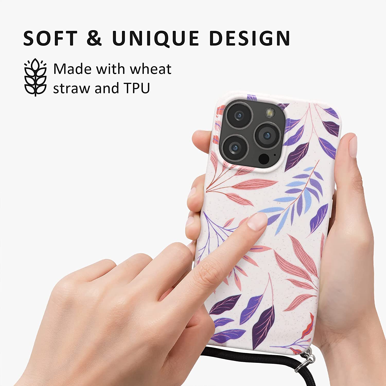 Kalibri iPhone 13 Pro Θήκη Σιλικόνης TPU με Λουράκι - Design Colourful Leaves - Blue / Deep Rusty Rose / Cream - 58554.01