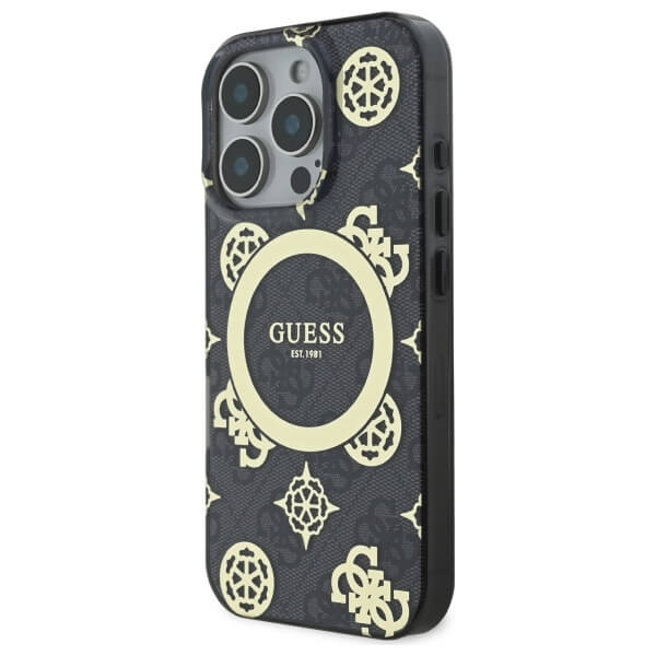 Guess iPhone 16 Pro Max - IML Peony On 4G Background MagSafe - Θήκη με Επένδυση Συνθετικού Δέρματος - Black - GUHMP16XH4PYEEK