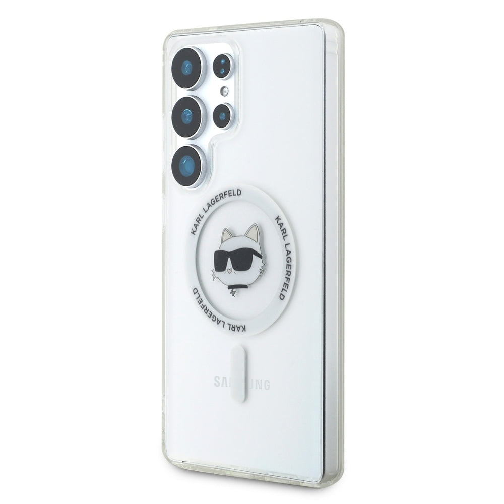 Karl Lagerfeld Samsung Galaxy S25 Ultra - Button Choupette Head Printed Logo - MagSafe Σκληρή Θήκη με Πλαίσιο Σιλικόνης - White - KLHMS25LHLSCHH