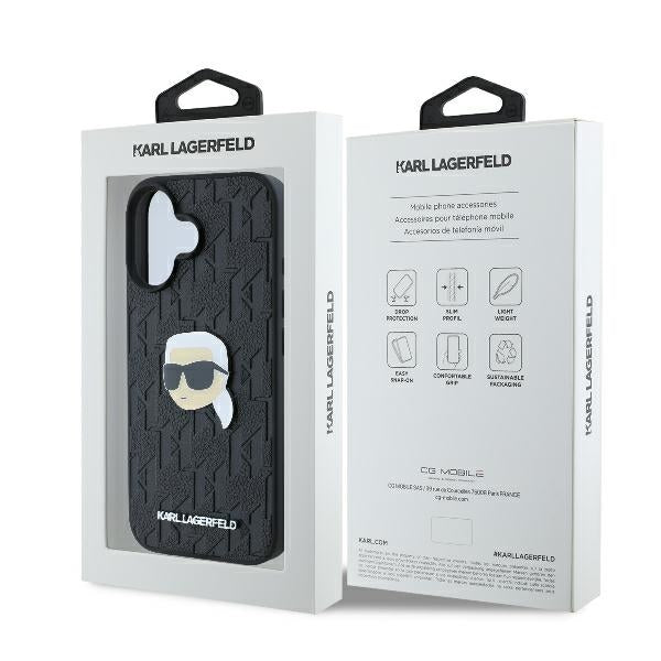 Karl Lagerfeld iPhone 16 - Monogram Karl Head Pin Σκληρή Θήκη με Επένδυση Συνθετικού Δέρματος - Black - KLHCP16SPGKLKIPK