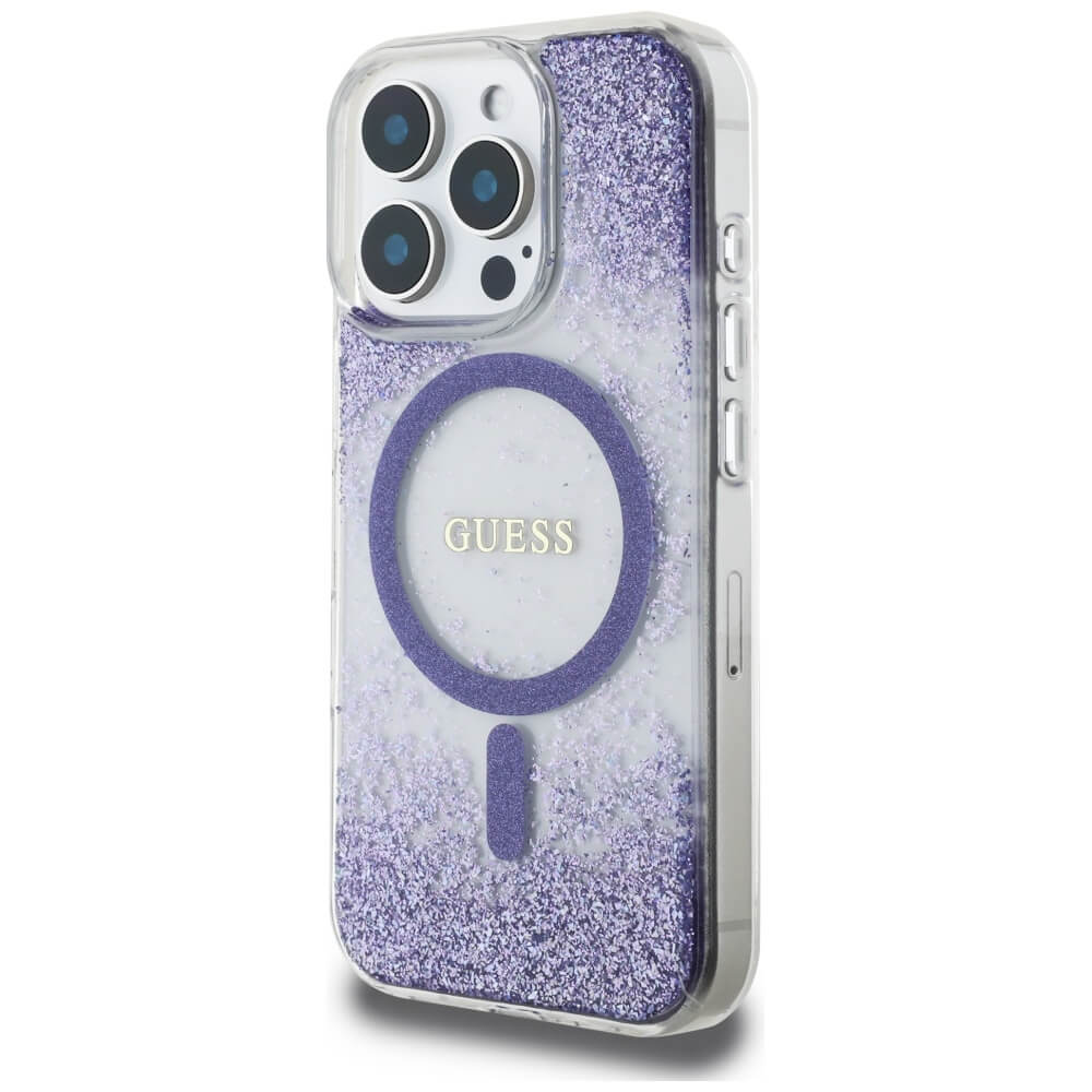 Guess iPhone 16 Pro Max - HC Resin Bottom Glitter - MagSafe Σκληρή Θήκη με Πλαίσιο Σιλικόνης - Purple - GUHMP16XRGRGEU