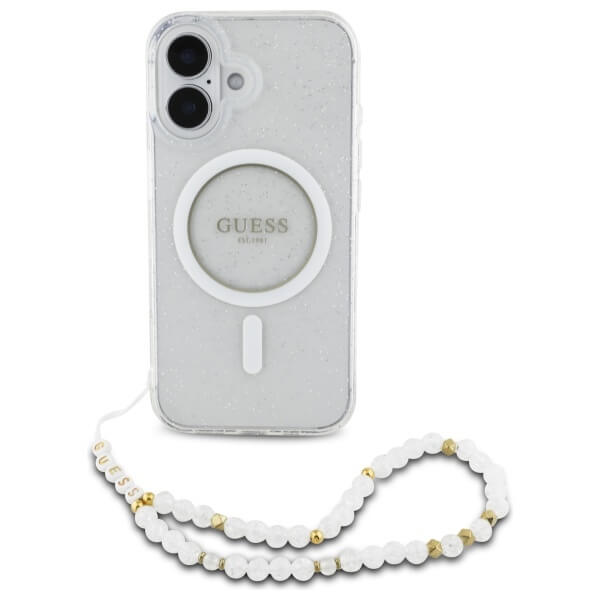 Guess iPhone 16 - IML Glitter With Pearl Strap MagSafe - Σκληρή Θήκη με Πλαίσιο Σιλικόνης και Λουράκι - Διάφανη - GUHMP16SHGCRELST