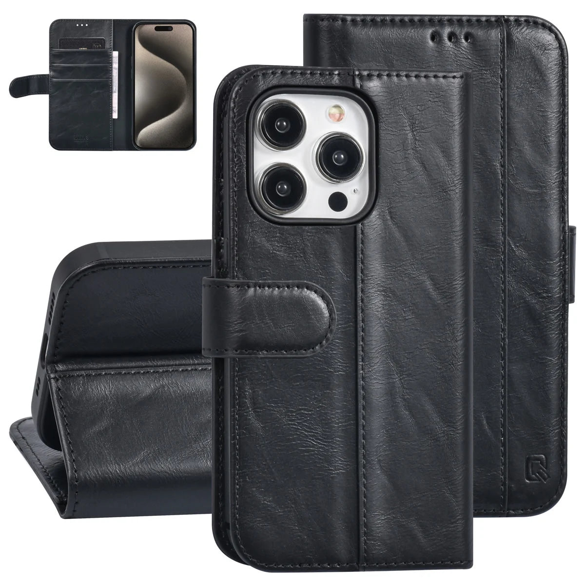 Tuniq iPhone 15 Pro - Θήκη Πορτοφόλι από Δερματίνη με Stand - Μαύρο