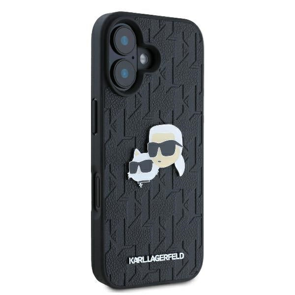 Karl Lagerfeld iPhone 16 - Monogram Karl and Choupette Head Pin Σκληρή Θήκη με Επένδυση Συνθετικού Δέρματος - Black - KLHCP16SPGKLKCPK