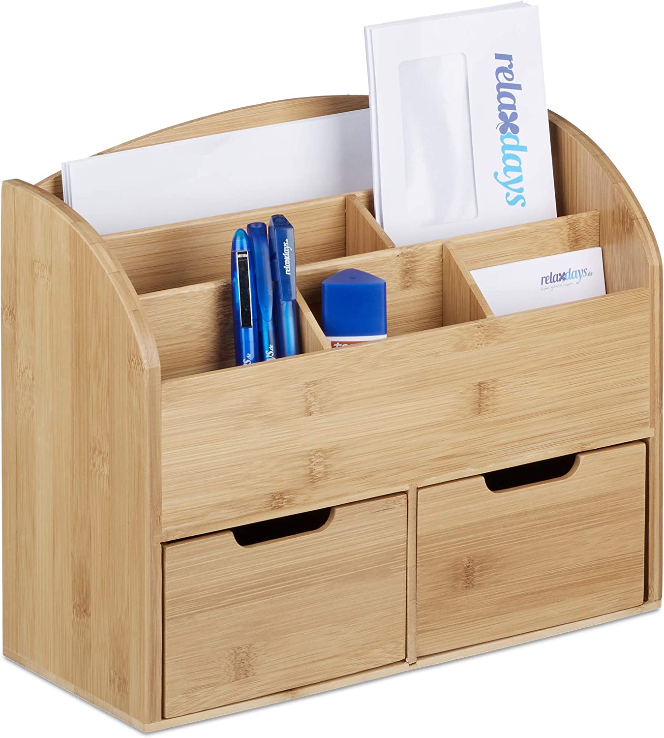 Relaxdays Ξύλινη Βάση Οργάνωσης Γραφείου με 6 Διαμερίσματα και 2 Συρτάρια από Bamboo - Natural - 4052025203368