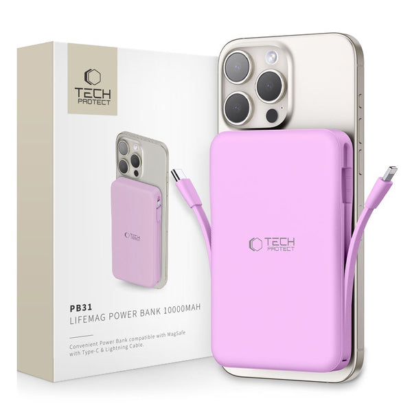 Tech-Protect PB31 Lifemag Ασύρματο MagSafe PowerBank Κινητού 10000 mAh με Ενσωματωμένο Καλώδιο Type-C και Lightning - Lavender - likebrands.gr