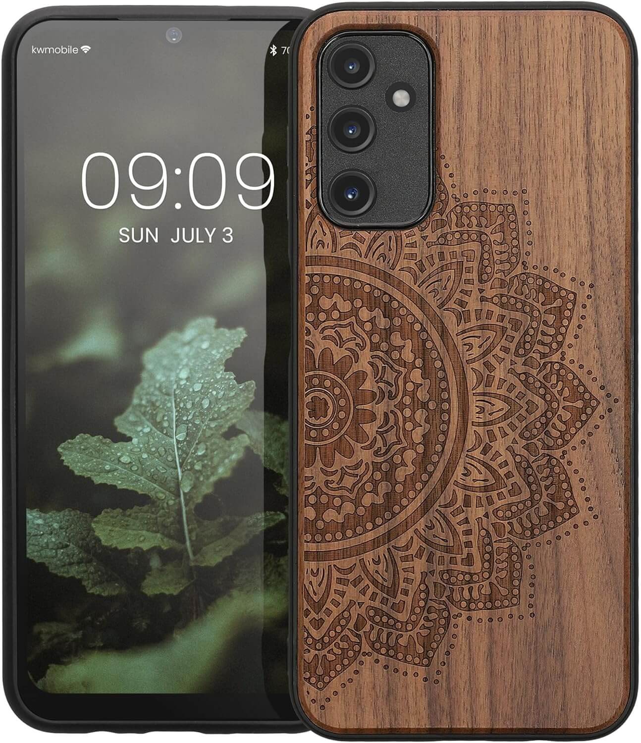 KW Samsung Galaxy A14 5G Θήκη από Φυσικό Ξύλο - Design Half Flower - Dark Brown - 60817.06