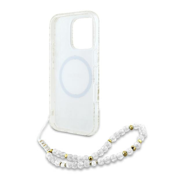Guess iPhone 16 Pro - IML Flowers Allover Electro With Pearl Strap MagSafe - Σκληρή Θήκη με Πλαίσιο Σιλικόνης και Λουράκι - White / Διάφανη - GUHMP16LHCPOFPH