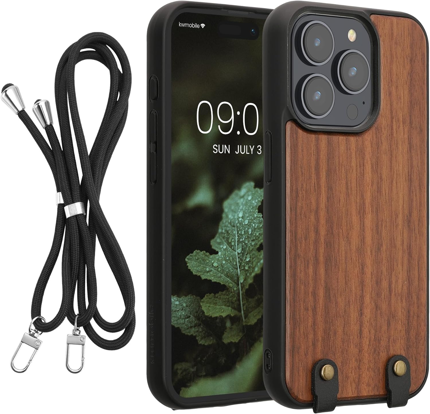 KW iPhone 15 Pro Θήκη από Φυσικό Ξύλο με Πλαίσιο Σιλικόνης και Λουράκι - Dark Brown