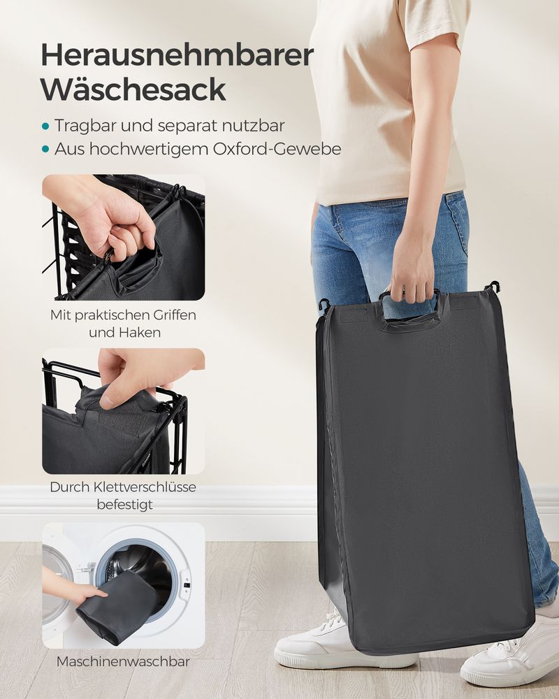 Songmics Τροχήλατο Αναδιπλούμενο Καλάθι Απλύτων με Καπάκι - 90L - Ink Black / Slate Grey - LCB290B11