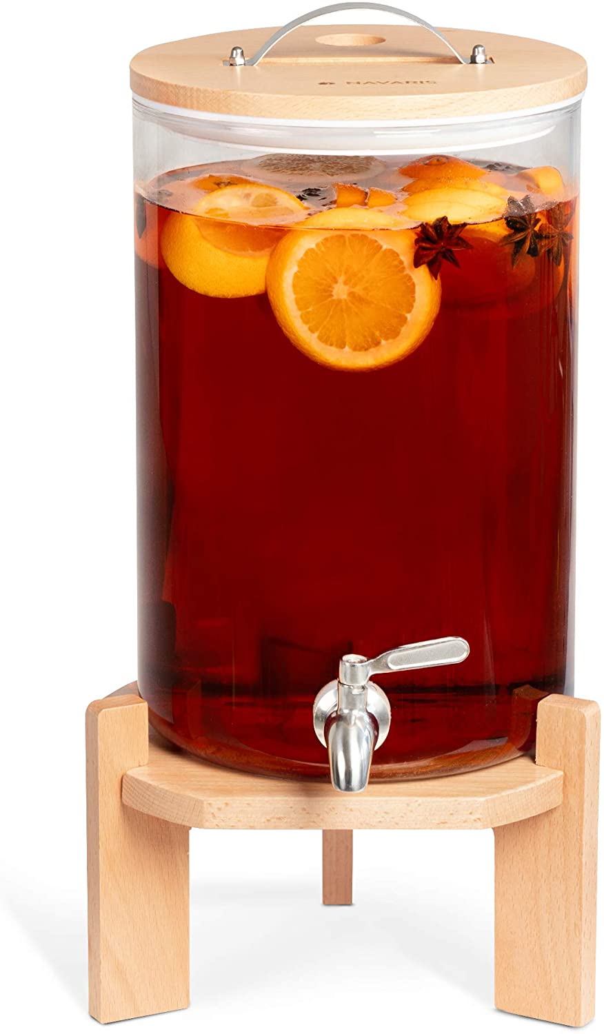 Navaris Glass Beverage Drink Dispenser Γυάλινος Διανεμητής Ποτού με Ξύλινη Βάση - 7L - Brown - 46785.05
