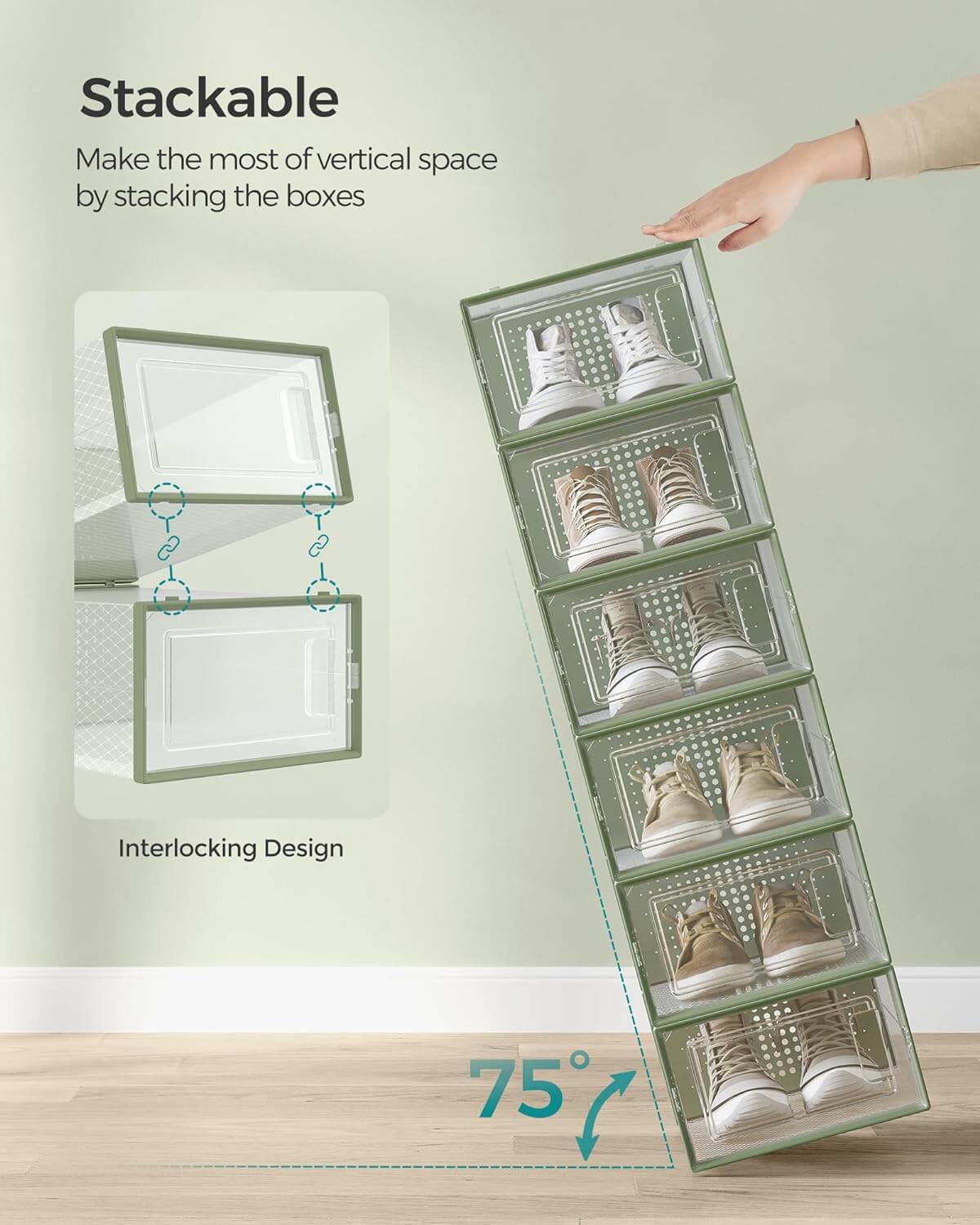 Songmics Σετ με 12 Πλαστικά Κουτιά Αποθήκευσης Υποδημάτων - Διάφανα / Laurel Green - LSP12SG30