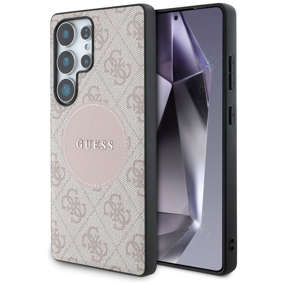 Guess Samsung Galaxy S25 Ultra - 4G Round Patch Classic Logo - Θήκη με Επένδυση Συνθετικού Δέρματος και MagSafe - Pink - GUHMS25LP4PGRSGP