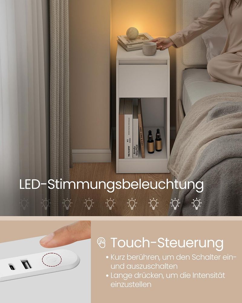 Vasagle Κομοδίνο με LED Φωτισμό με Θύρες USB / Type - C και Συρτάρι - Cloud White - LET610W01