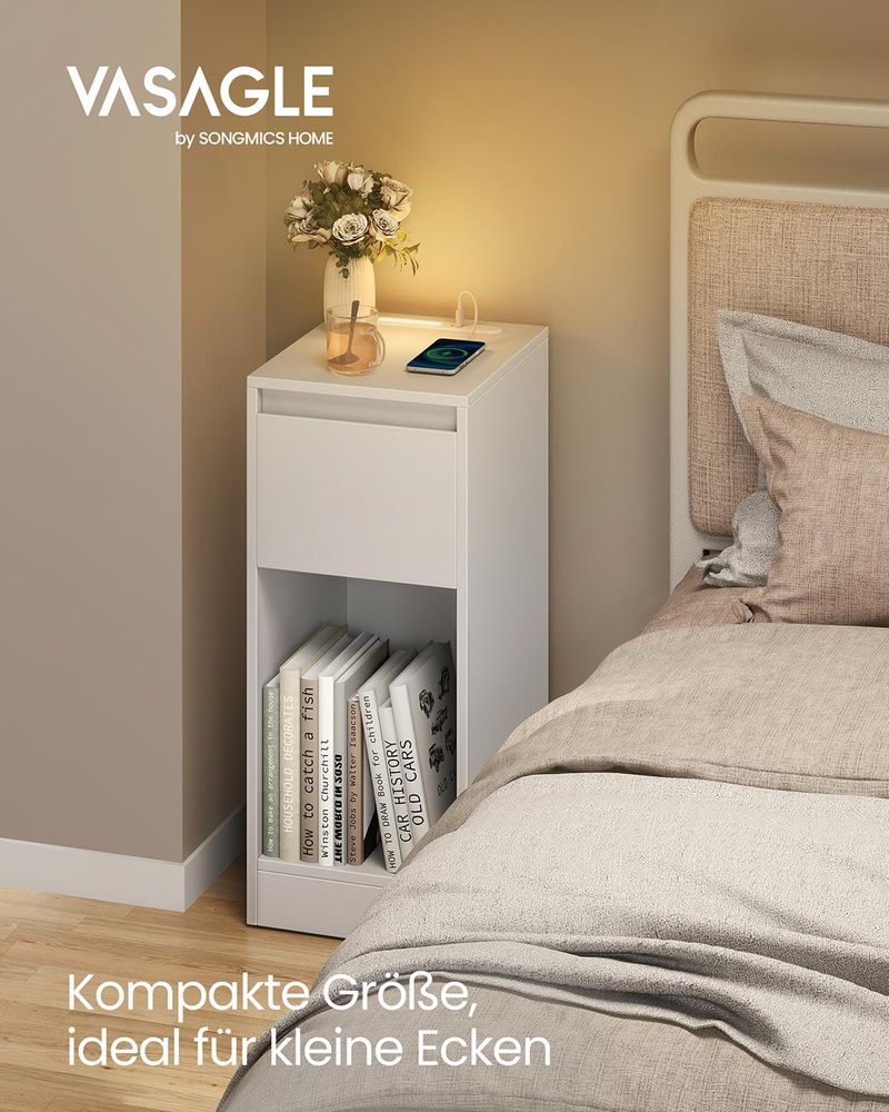 Vasagle Κομοδίνο με LED Φωτισμό με Θύρες USB / Type - C και Συρτάρι - Cloud White - LET610W01