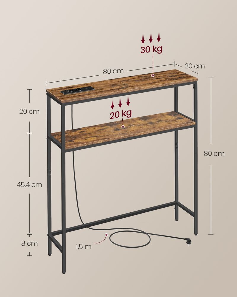 Vasagle Κονσόλα 2 Επιπέδων με Σταθμό Φόρτισης - 20 x 80 x 80 cm - Vintage Brown / Ink Black - LNT135KD01
