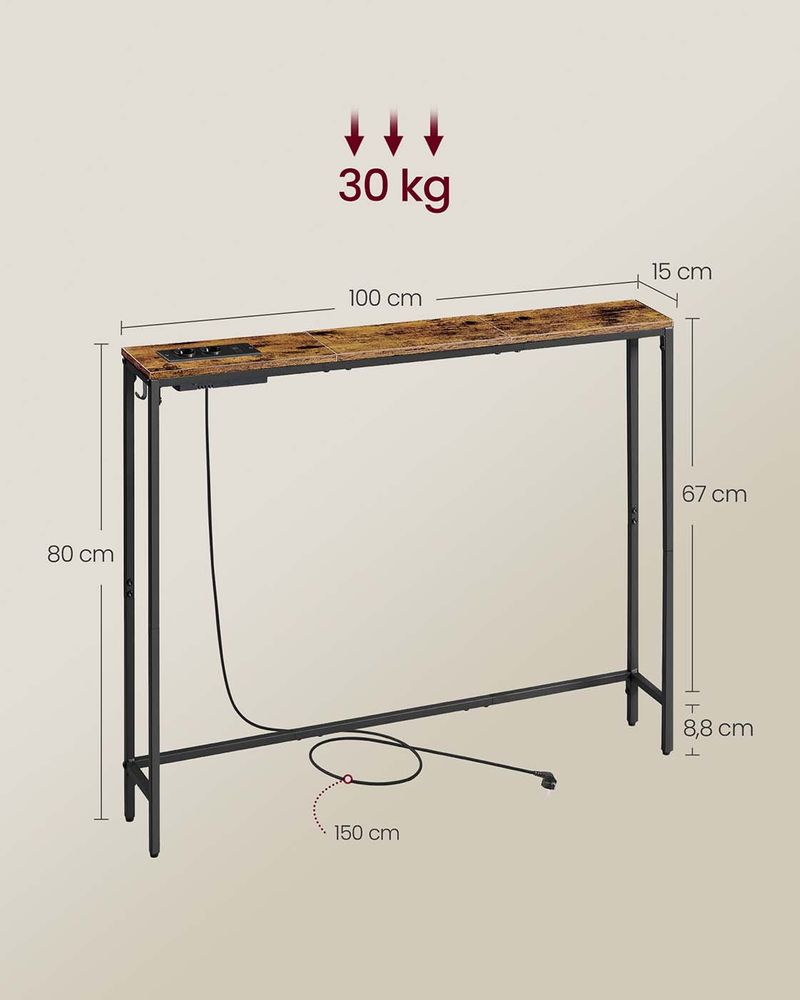 Vasagle Στενή Κονσόλα με Σταθμό Φόρτισης - 15 x 100 x 80 cm - Vintage Brown / Ink Black - LNT079K02