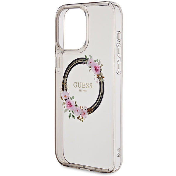 Guess iPhone 15 Pro Max IML Flowers Wreatch MagSafe Σκληρή Θήκη με Πλαίσιο Σιλικόνης και MagSafe - Black - GUHMP15XHFWFCK
