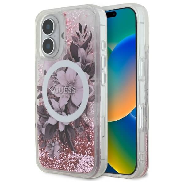 Guess iPhone 16 - Liquid Glitter Flower MagSafe - Σκληρή Θήκη με Πλαίσιο Σιλικόνης - Pink - GUHMP16SLFMWTP