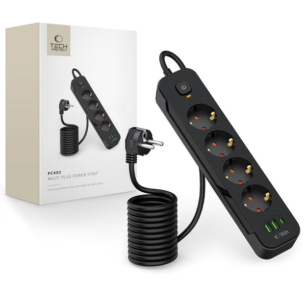Tech - Protect PCL4X3 Πολύπριζο με 4 Πρίζες, 2 Θύρες USB και 1 Θύρα Type - C - Black