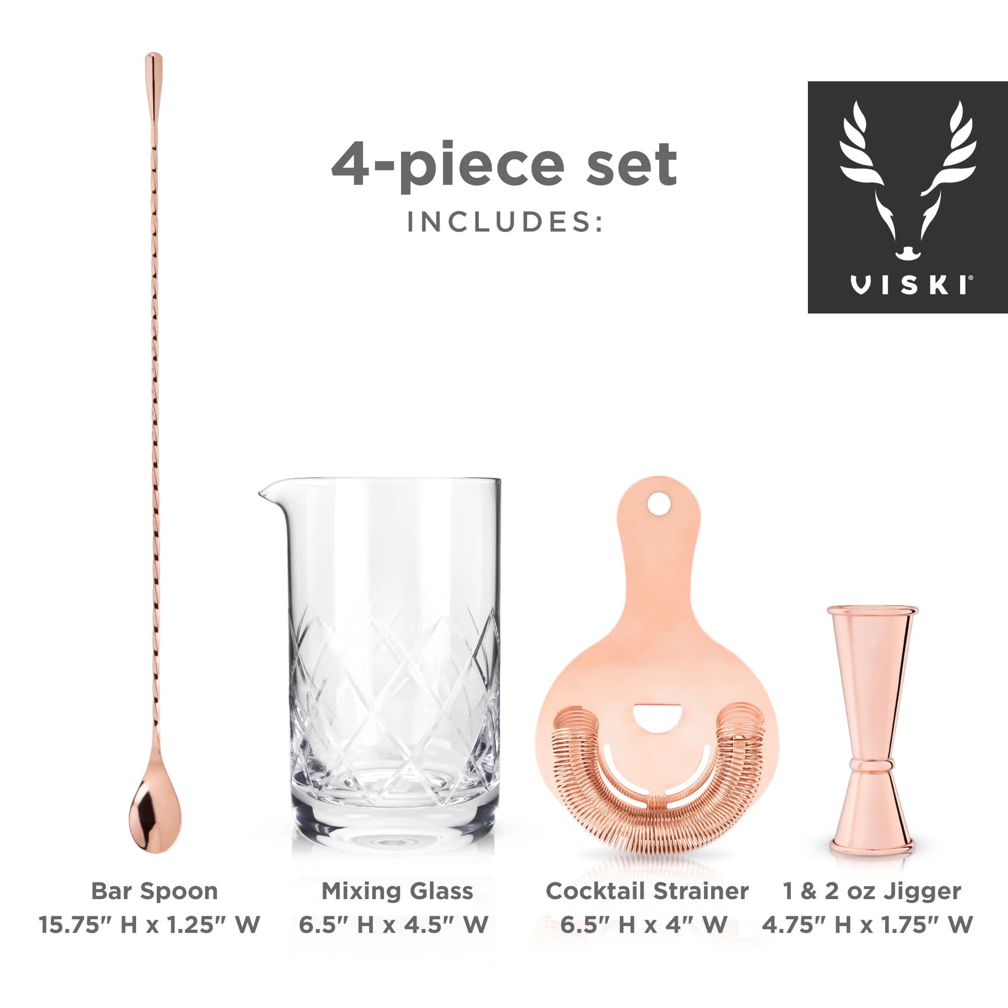 Viski Σετ Cocktail 4 Τεμαχίων από Ανοξείδωτο Ατσάλι και Κρυστάλλινο Ποτήρι Ανάδευσης - Summit - Copper