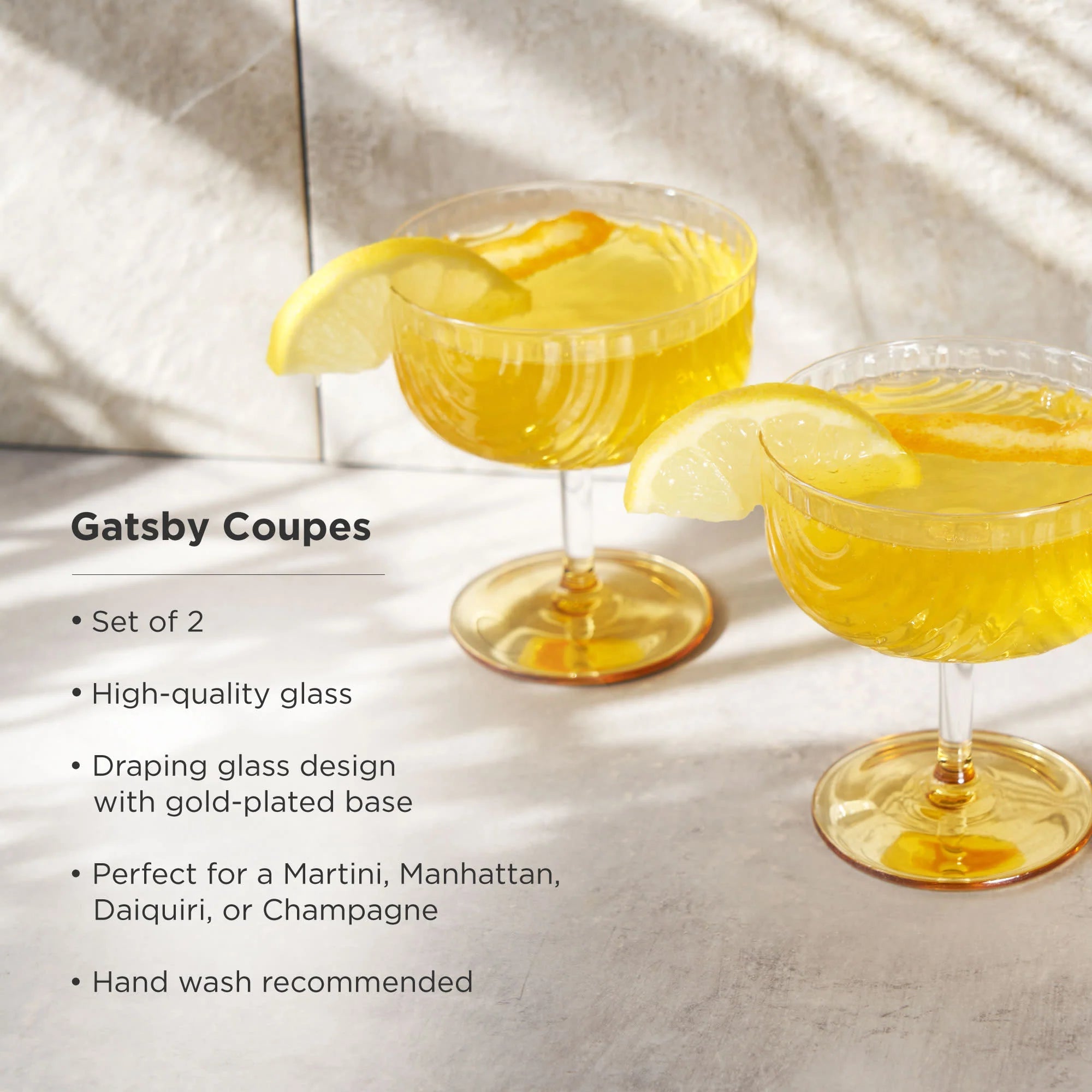 Viski Σετ με 2 Γυάλινα Ποτήρια Coupe με Χρυσή Βάση - 266 ml - Gatsby