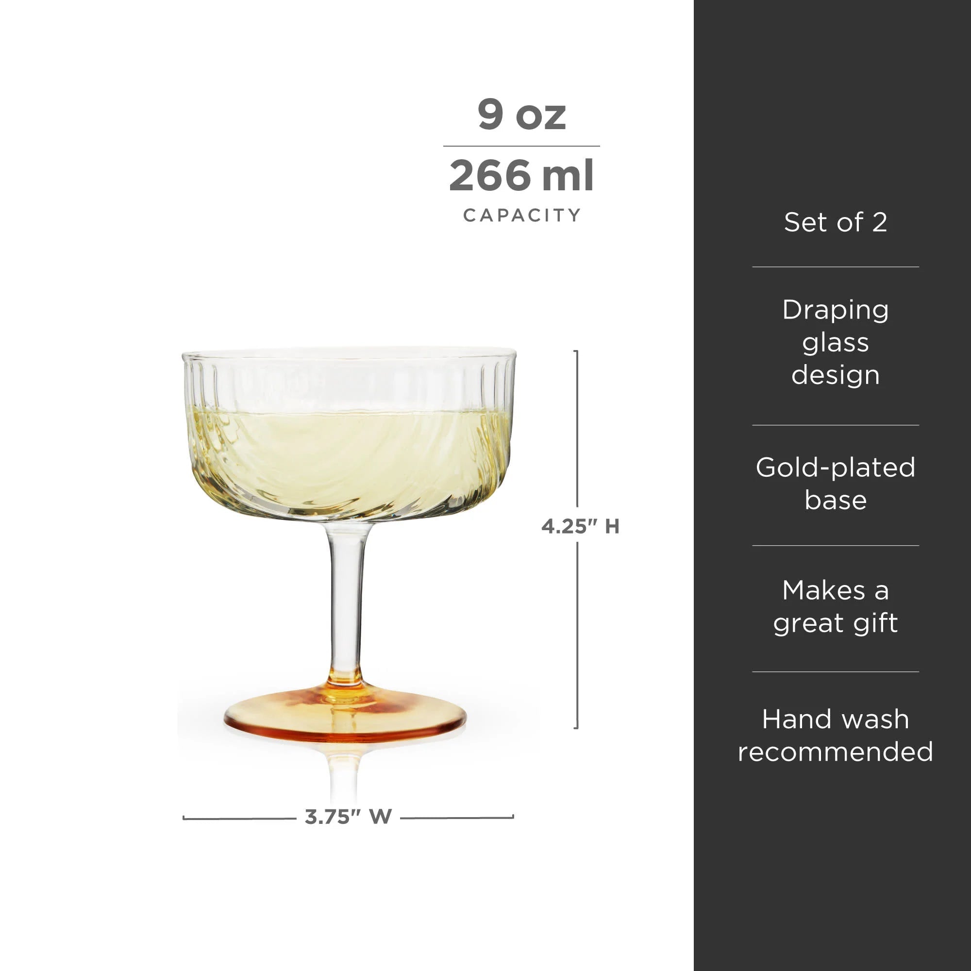Viski Σετ με 2 Γυάλινα Ποτήρια Coupe με Χρυσή Βάση - 266 ml - Gatsby