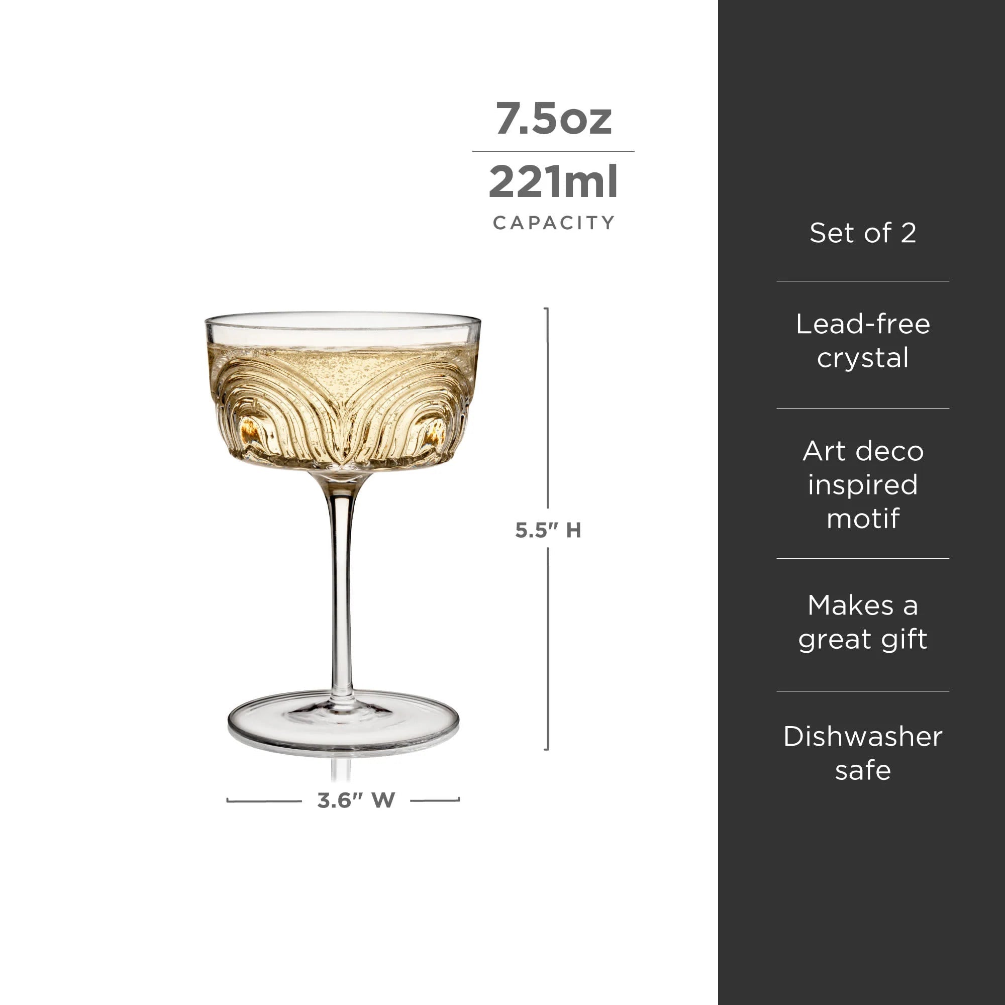 Viski Σετ με 2 Κρυστάλλινα Ποτήρια Cocktail Coupe - 220 ml - Beau