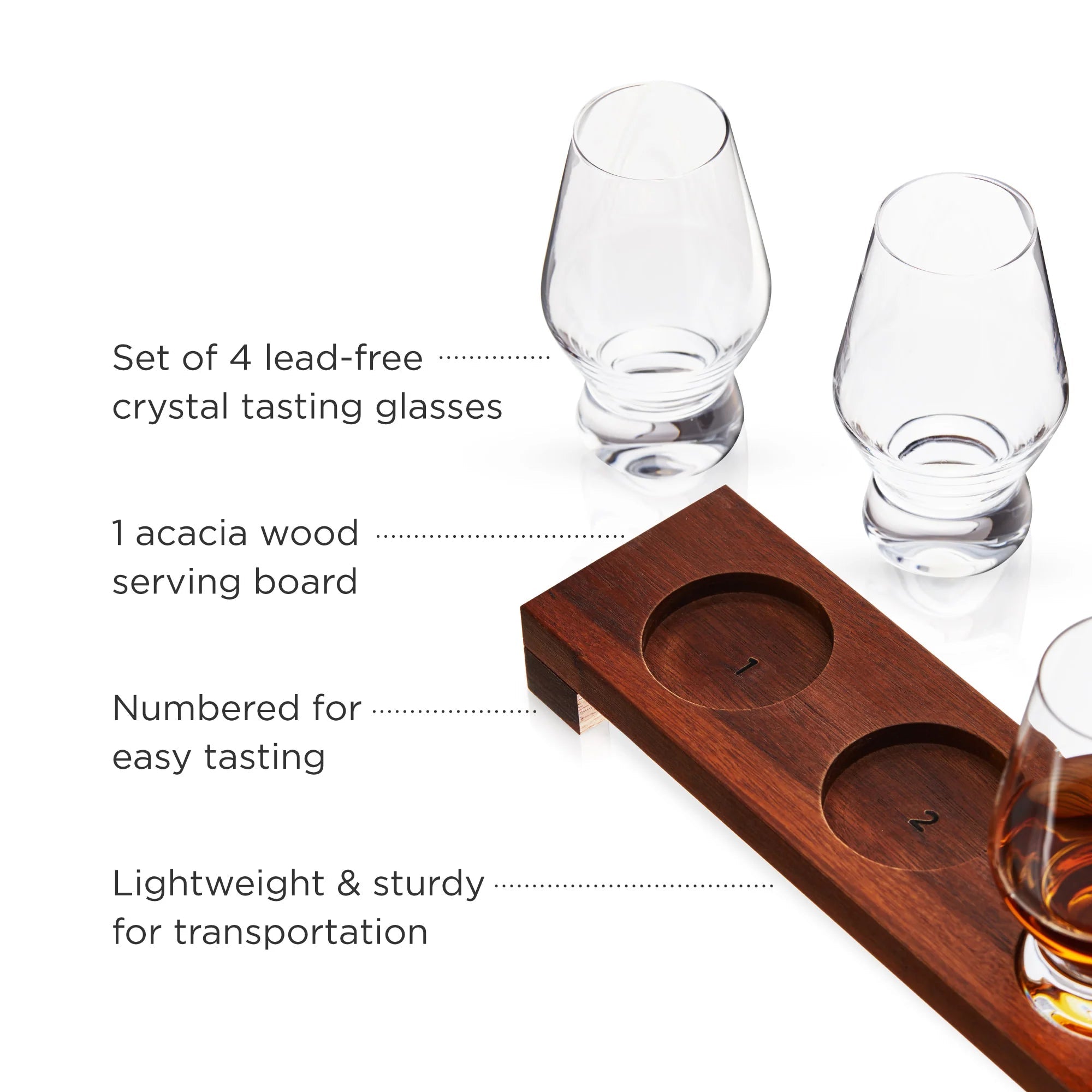 Viski Σετ με 4 Κρυστάλλινα Ποτήρια Γευσιγνωσίας Whisky / Gin και Ξύλινη Βάση Σερβιρίσματος - 235 ml - Raye