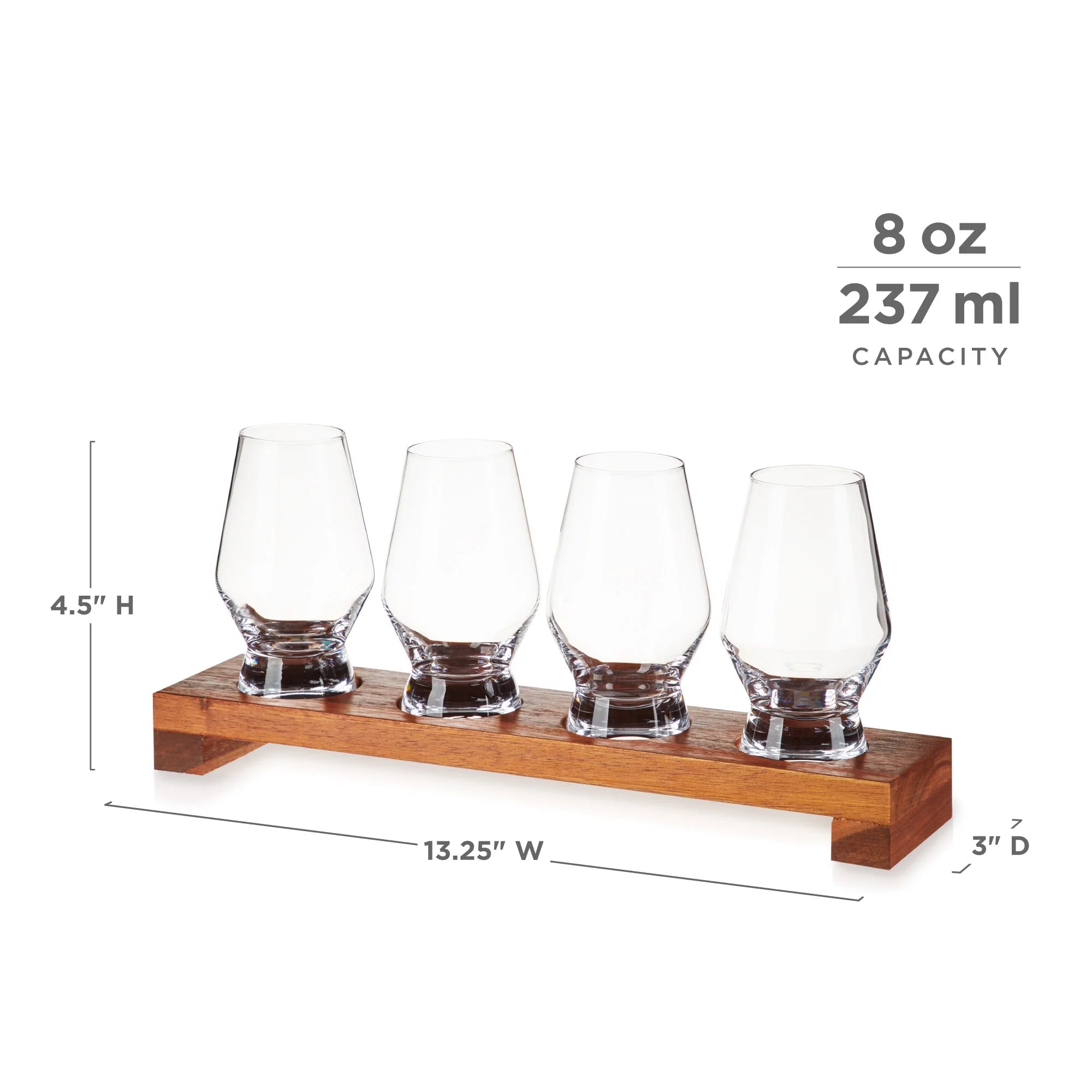 Viski Σετ με 4 Κρυστάλλινα Ποτήρια Γευσιγνωσίας Whisky / Gin και Ξύλινη Βάση Σερβιρίσματος - 235 ml - Raye