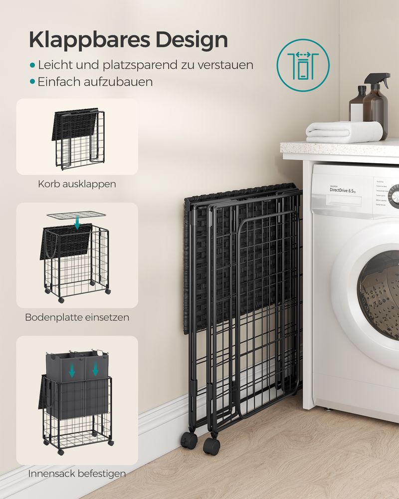 Songmics Τροχήλατο Αναδιπλούμενο Καλάθι Απλύτων με 2 Χωρίσματα και Καπάκι - 110L - Ink Black / Slate Grey - LCB211B11