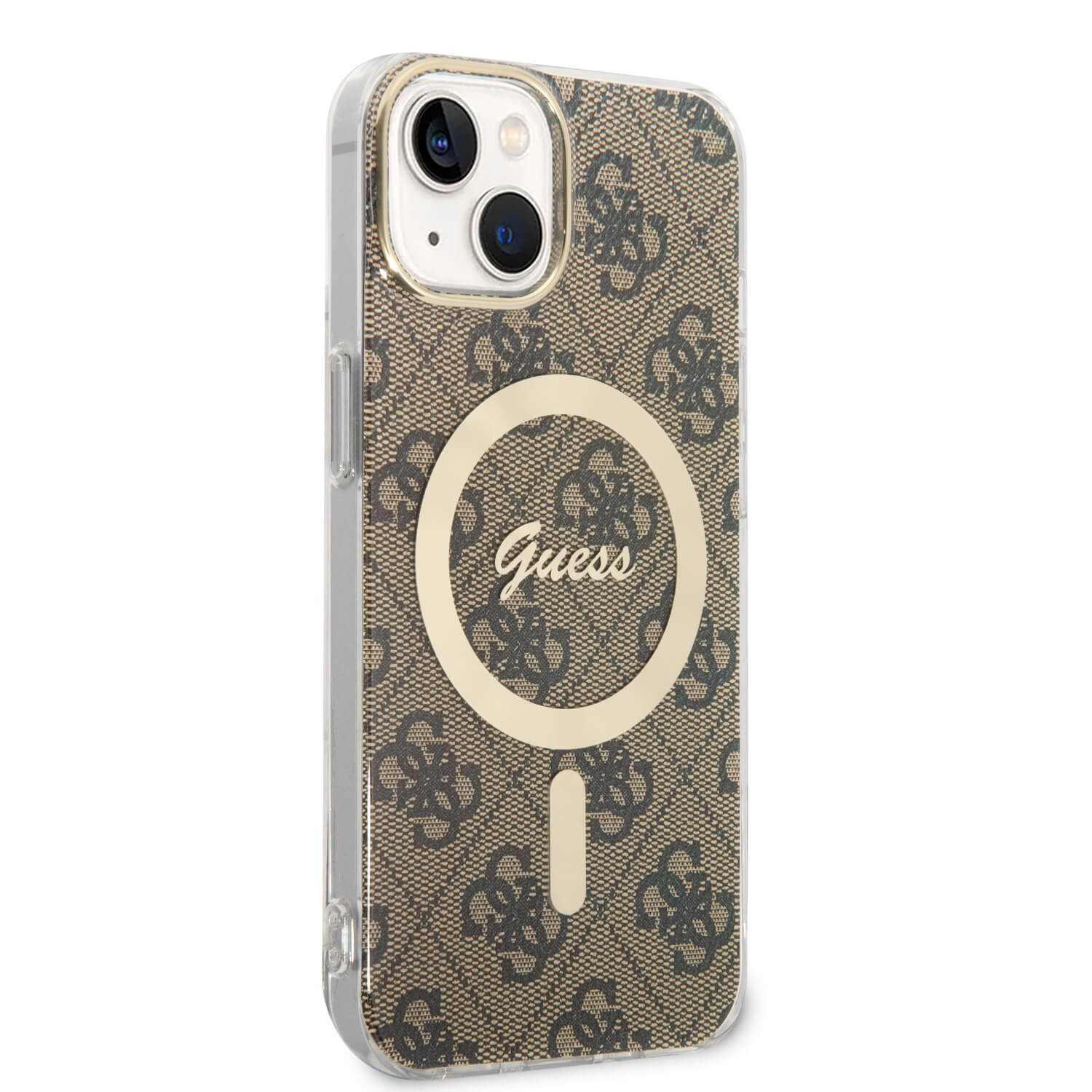 Guess iPhone 15 / 14 / 13 - Bundle Pack - Σετ Σκληρή Θήκη με Πλαίσιο Σιλικόνης και Ασύρματος Φορτιστής MagSafe - Design 4G Print MagSafe - Brown - GUBPP14SH4EACSW