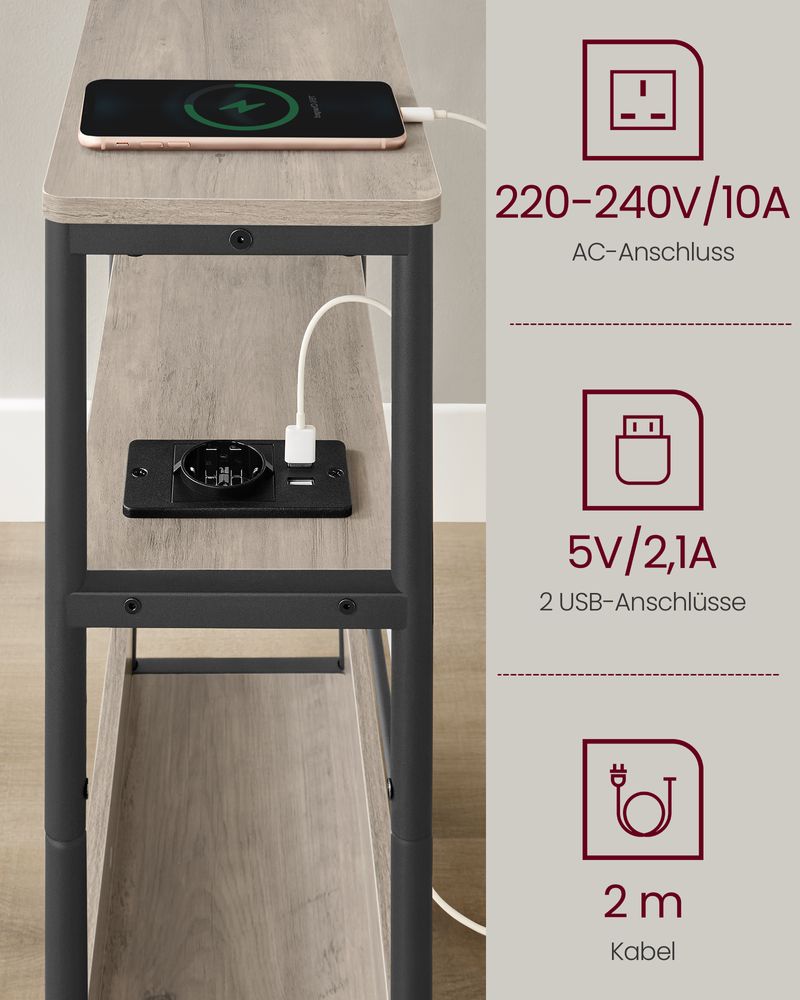 Vasagle Στενό Βοηθητικό Τραπεζάκι με Ενσωματωμένο Πολύπριζο με 1 Θύρα AC και 2 Θύρες USB - Greige Mottled / Ink Black - LET335K05