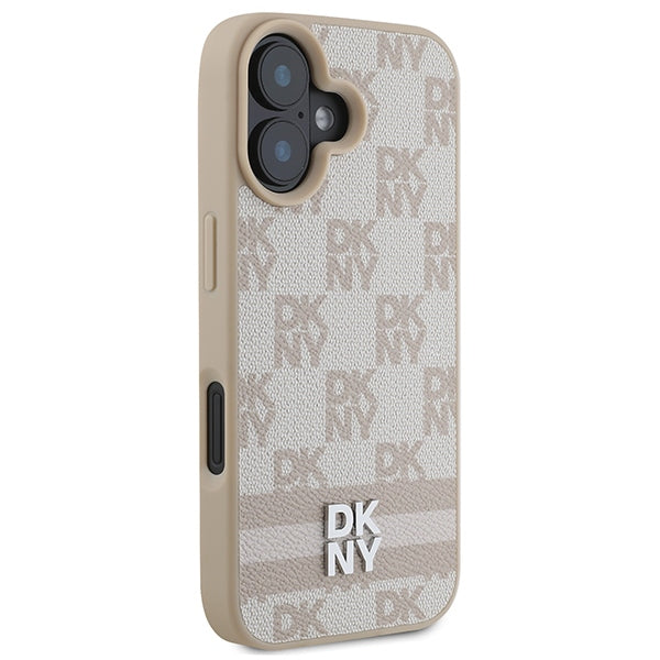 DKNY iPhone 16 - Checkered Pattern and Printed Stripes - Σκληρή Θήκη με Επένδυση Συνθετικού Δέρματος - Pink